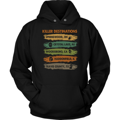 Killer Destinations Springwood Crystal Lake Woodsboro Haddonfield Travis County Shirt, Horror Shirt