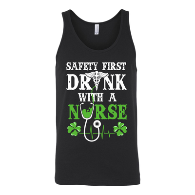 St-Patrick-s-Day-Safety-First-Drink-with-a-Nurse-Shirt-nurse-shirt-nurse-gift-nurse-nurse-appreciation-nurse-shirts-rn-shirt-personalized-nurse-gift-for-nurse-rn-nurse-life-registered-nurse-clothing-women-men-unisex-tank-tops