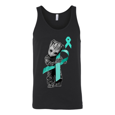 Baby-Groot-Hug-Teal-Ribbon-Shirt-breast-cancer-shirt-breast-cancer-cancer-awareness-cancer-shirt-cancer-survivor-pink-ribbon-pink-ribbon-shirt-awareness-shirt-family-shirt-birthday-shirt-best-friend-shirt-clothing-women-men-unisex-tank-tops