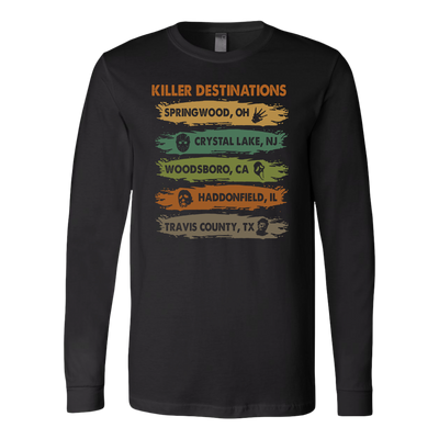 Killer Destinations Springwood Crystal Lake Woodsboro Haddonfield Travis County Shirt, Horror Shirt