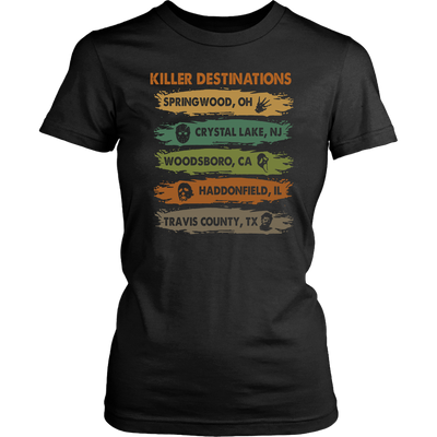Killer Destinations Springwood Crystal Lake Woodsboro Haddonfield Travis County Shirt, Horror Shirt