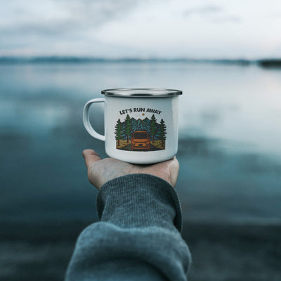 Que Sera Sera mug, camping mug, enamel mug, outdoor mug