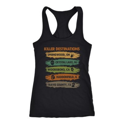 Killer Destinations Springwood Crystal Lake Woodsboro Haddonfield Travis County Shirt, Horror Shirt