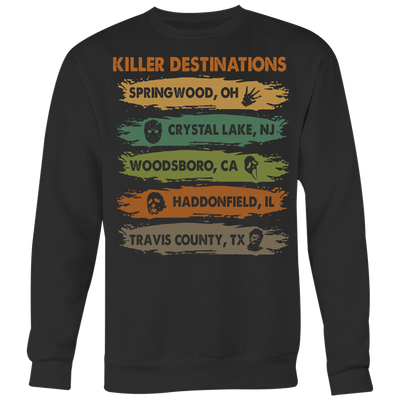 Killer Destinations Springwood Crystal Lake Woodsboro Haddonfield Travis County Shirt, Horror Shirt